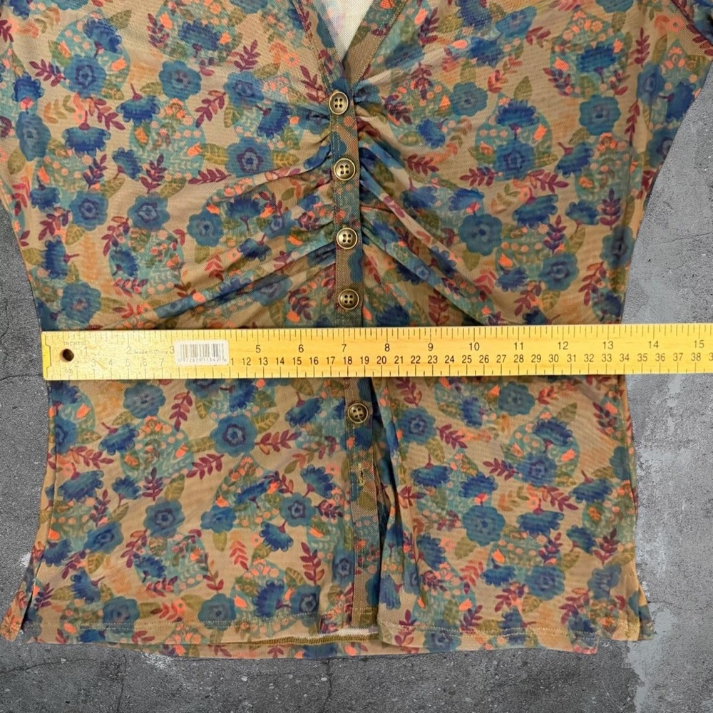 Boho Fairycore Mesh Floral Top Cottagecore Hippie Earthy Y2K Button Front - Picture 3 of 6
